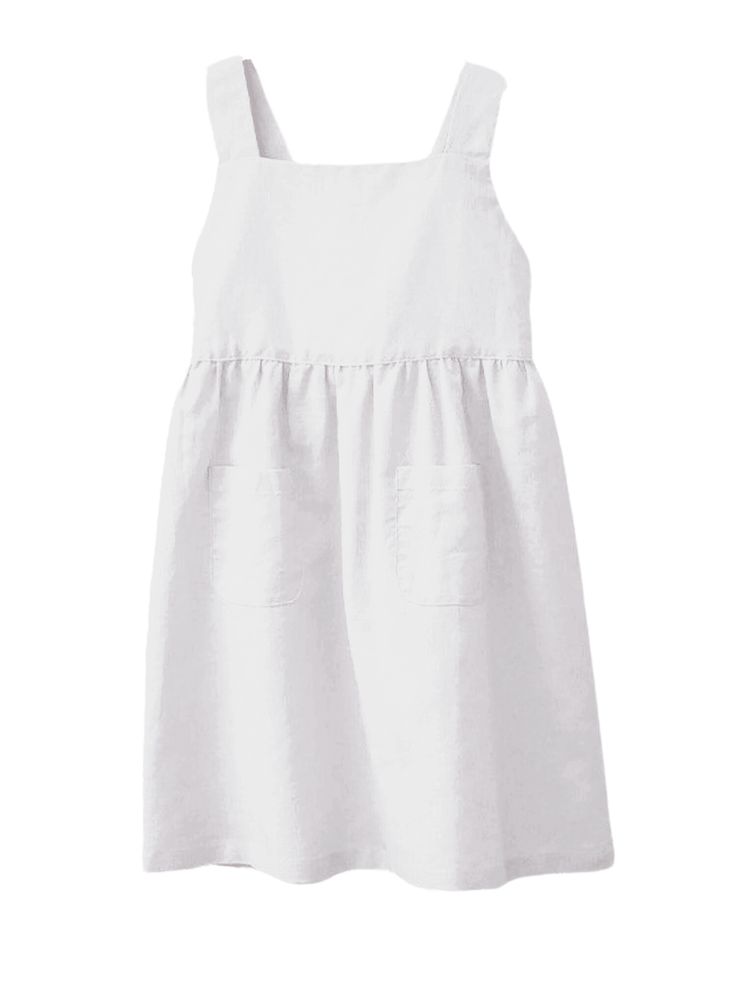 Introducing this adorable Cotton And Linen Girl's Sleeveless Suspender Dress! Made with a blend of cotton and linen, this dress is perfect for keeping your little one cool and comfortable during the warmer months. The adjustable shoulder straps ensure a perfect fit, while the lace-up tie at the back adds a touch of charm. Available in both green and white, this dress features cute pockets and buttons going down the back for added style. Whether it's for a special occasion or just a day out, this Solid Cotton Sundress For Summer, Solid Cotton Sleeveless Dress For Spring, Solid Color Sleeveless Cotton Dress For Spring, Spring Sleeveless Cotton Dress, Solid Cotton Sundress For Spring, Cotton Smocked Sundress For Daywear, Cotton Sleeveless Sundress For Daywear, Solid Cotton Sleeveless Summer Dress, Summer Sleeveless Cotton Dress