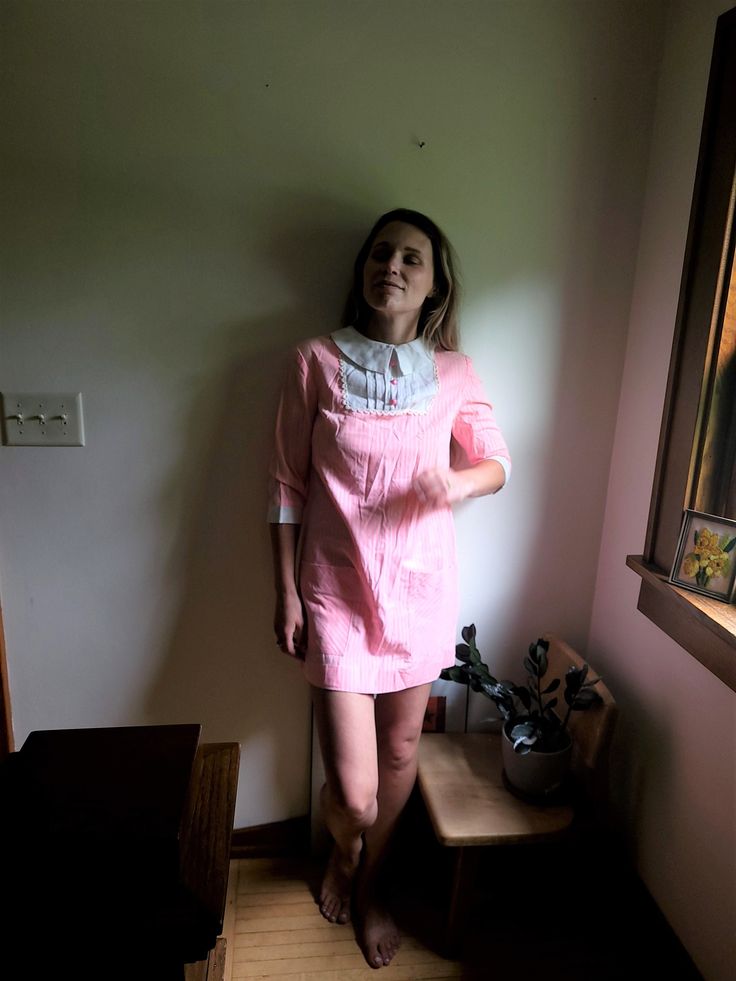 Up for sale is a vintage 1960's to 1970's striped, collared dress in pink and white, approximately size S. Overall the garment is in great condition for its age though it does have various wear present, such as minor spots of discoloration (see photos). There is a little tear on the back collar but it cannot be seen when worn owing to the collar being folded over. Most of the discoloration can be seen on the white trim/accents. Despite the minor flaws, this is a beautiful piece with many years o Pink Collared Dresses For Spring, Pink Collared Cotton Dress, Pink Cotton Collared Dress, Pink Long Sleeve Vintage Dress For Summer, Pink Fitted Casual Vintage Dress, Feminine Pink Dress With Peter Pan Collar, Casual Pink Vintage Dress For Spring, Pink Retro Dress With Peter Pan Collar, Pink Peter Pan Collar Dress For Spring