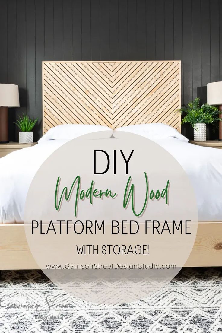 a bed frame with text overlay that reads diy modern wood platform bed frame with storage