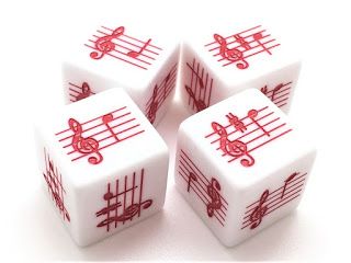 five dices with musical notes and trebles on them, all in red