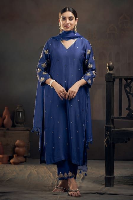 Unstitched Blue Dola Silk Salwar Kameez, Blue Semi-stitched Chinon Salwar Kameez, Blue Raw Silk Unstitched Suit With Dabka Work, Blue Dola Silk Unstitched Suit For Eid, Blue Art Silk Unstitched Suit For Festive Occasions, Blue Chinon Kurta With Long Sleeves, Festive Blue Semi-stitched Unstitched Suit, Blue Chinon Long Sleeve Kurta, Festive Blue Art Silk Unstitched Suit