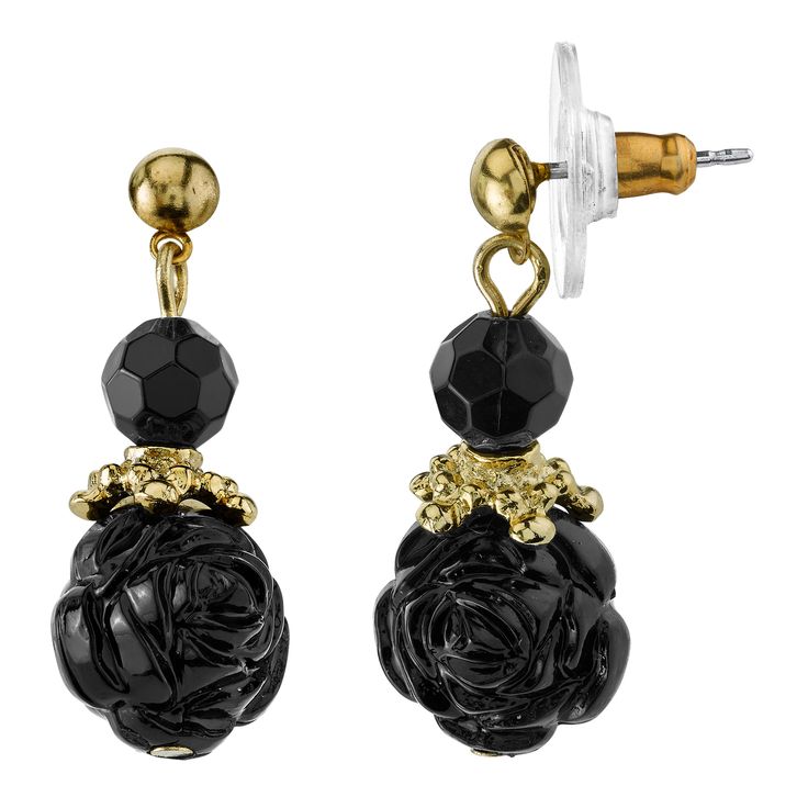 Gold Tone Black Drop Earrings Black Drop Earrings, Ball Drop Earrings, Post Metal, Ball Drop, Ball Earrings, Flower Ball, Jewelry Black, Earrings Drop, Metal Earrings