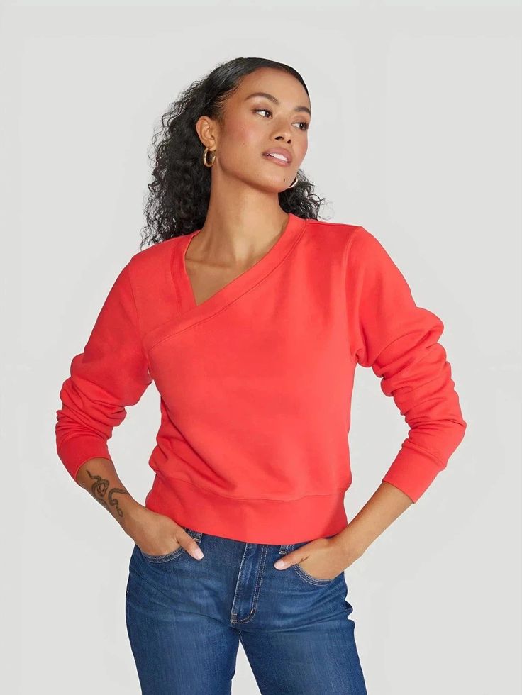 ÉTICA Denim Koko Sharp Sweatshirt Sweat Top, Pleated Sleeves, Asymmetrical Neckline, Fiery Red, French Terry Fabric, Ethical Fashion, French Terry, Biodegradable Products, Going Out