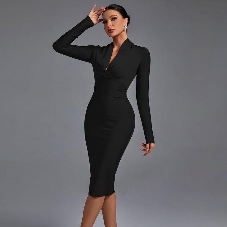 Feel stunning and confident in our V Neck Long Sleeve Bandage Dress! This versatile piece is perfect for dressing up or down and features a flattering V-neck and long sleeves for a chic look. Make an effortless statement with this must-have dress. Our Style No.PFHJ649 90%Polyester, 10%Spandex Very Stretchy Height - 68.9"/175cm Bust - 34.6"/88cm Waist - 25.6"/65cm Hips - 36.6"/93cm and wears size S Gentle Dry Clean Only About Wholesale/Dropshipping, please contact us! Note: Colour may vary due to Summer Club Outfits, Stylish Drapes, Party Dress Summer, Long Sleeve Bandage Dress, Summer Club, Bandage Dress Bodycon, Hack Tool, Dress Bodycon, Summer Party Dress