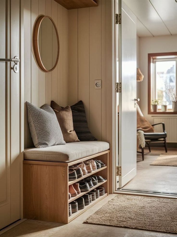 a wooden bench sitting in the middle of a hallway next to a door with shoes on it