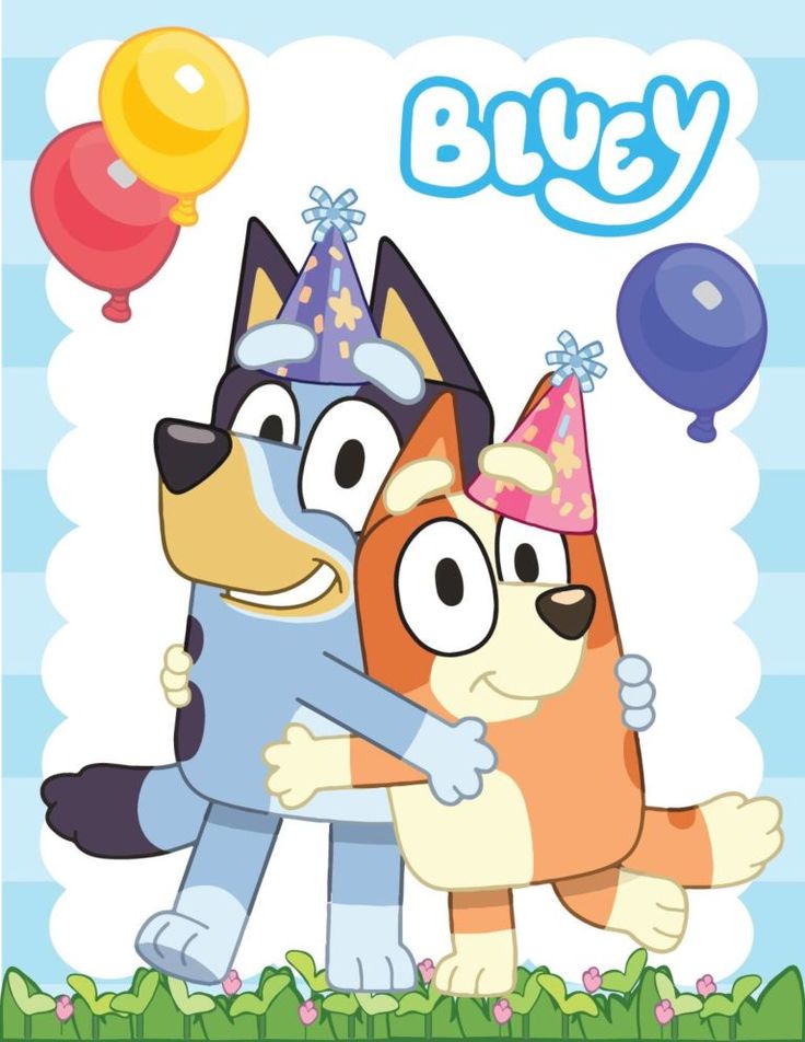 two cartoon dogs hugging each other with balloons in the background