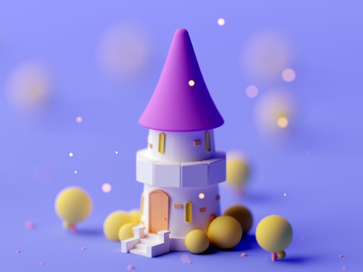 a small white tower with a purple top surrounded by yellow balls and confetti