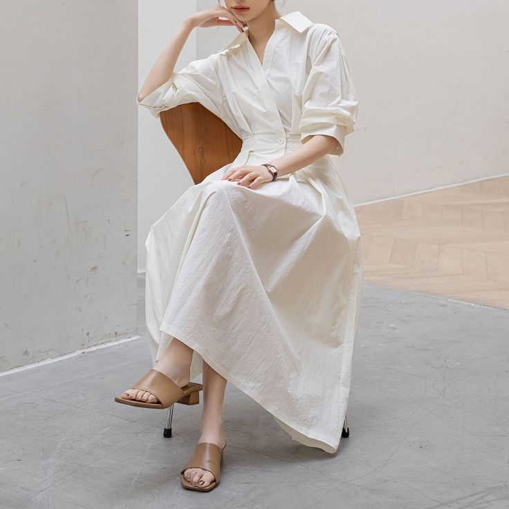 Elegant Solid Color Shirt Dress For Beach, Elegant Solid Shirt Dress For Beach, Casual White Maxi Shirt Dress, Chic White Shirt Dress For Summer, Chic White Summer Shirt Dress, White Midi Length Summer Shirt Dress, White Chic Shirt Dress For Summer, White V-neck Summer Shirt Dress, White V-neck Shirt Dress For Summer