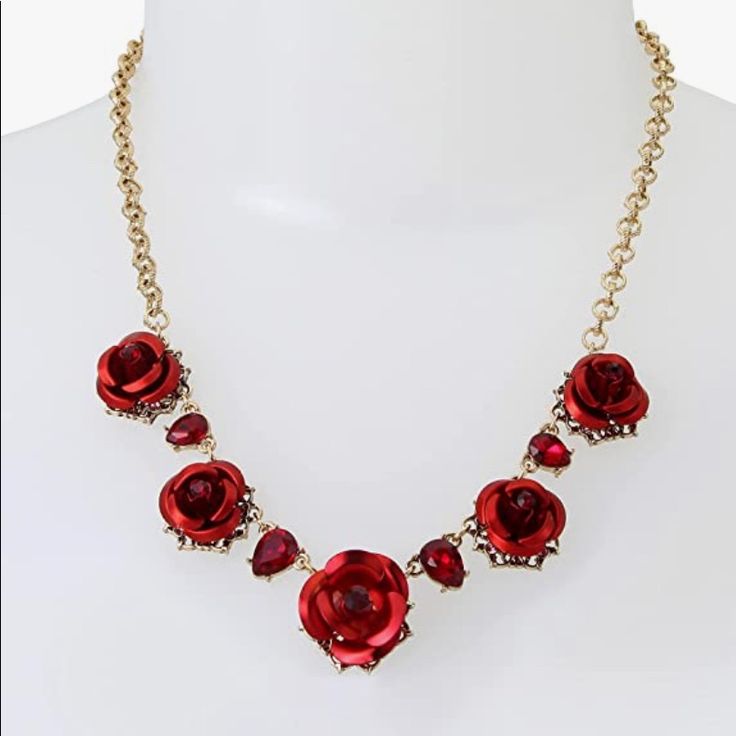 Bold Link Necklace Featuring Red Roses With Openwork Base And Vibrant Stones At Front. This Desirable Necklace Is Set In Gold-Tone Metal And Has An Adjustable Lobster Clasp Closure. Gold-Tone Metal With Glass And Plastic Lobster Clasp Closure Necklace Length: 18" + 3" Extender Frontal Drop: 0.75" Betsey Johnson Bracelet, Pumpkin Necklace, Hot Clothes, Flamingo Earrings, Crown Earrings, Betsey Johnson Earrings, Vintage Betsey Johnson, Halloween Necklace, Gold Long Necklace