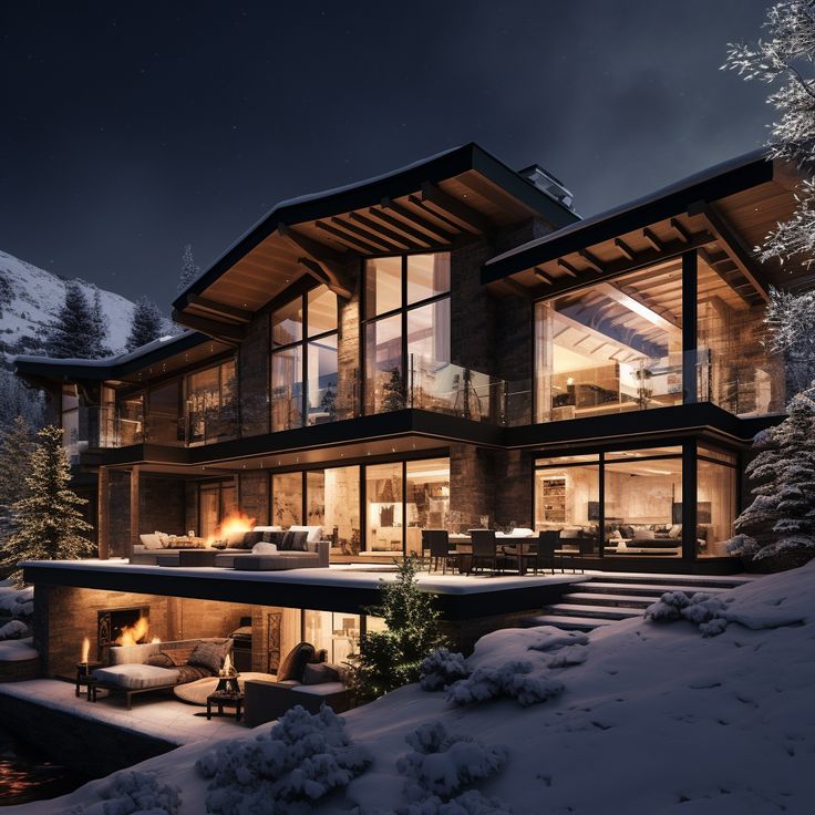 A luxurious mountainside chalet in Aspen, Colorado, framed by towering evergreens and pristine snow, with large glass windows revealing a warm interior, an outdoor hot tub, and the breathtaking peaks lit by the soft glow of the moon. AI generated. Luxury Snow Cabin, Aspen Luxury Homes, Mountain Side Mansion, Winter Modern Mansion, Aspen House Interiors, Aspen House Exterior, Modern Winter Cabin Exterior, Bloxburg Glass House, Mountain Lake Cabin