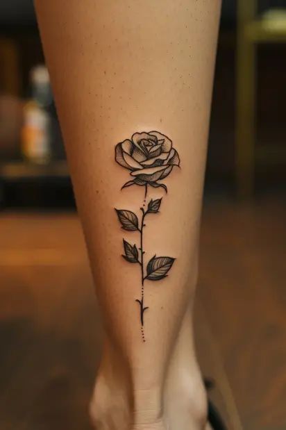 a woman's foot with a rose tattoo on the side of her leg,