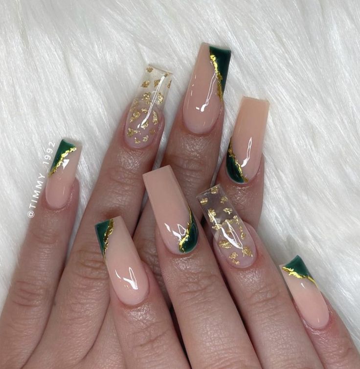 Green And Gold And White Nails, Nails To Match Olive Green Dress, Goddess Nails Square, Nail Ideas For Emerald Green Dress, Gold And Green Prom Nails, Gold And Green Nail Designs, Gold And Emerald Nails, Green And Gold Acrylic Nails, Emerald Green Nails Design