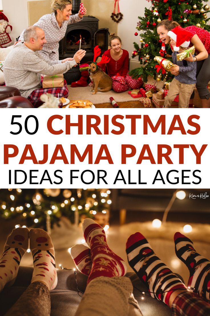 some people are sitting in front of a christmas tree with presents on it and the words, 50 christmas pajama party ideas for all ages