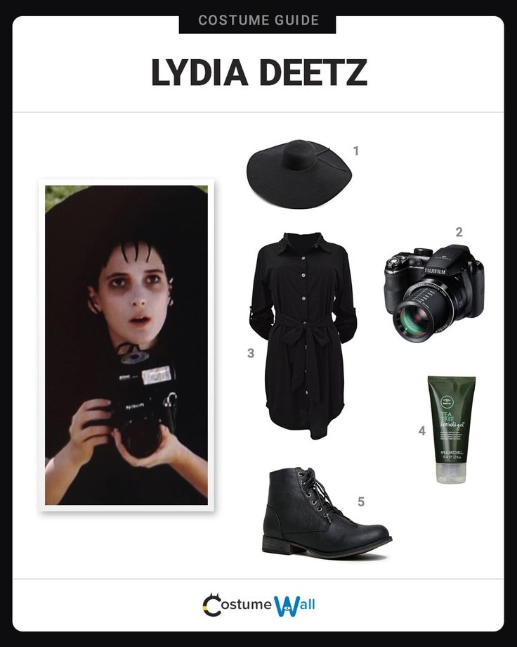 the costume guide for lydia detz is shown in black and features accessories