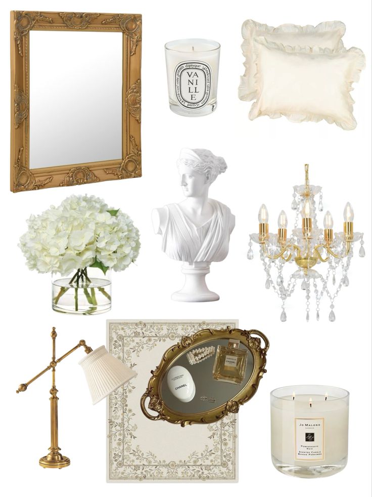 white and gold home decor with candles, mirror, candle holder, chandelier