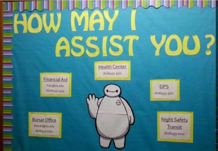 a bulletin board with the words how may i assist you? and an image of a cartoon character