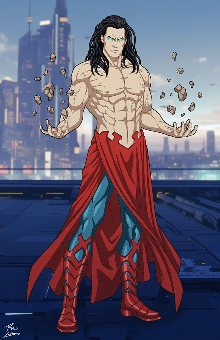 a man with long hair and no shirt standing in front of a cityscape