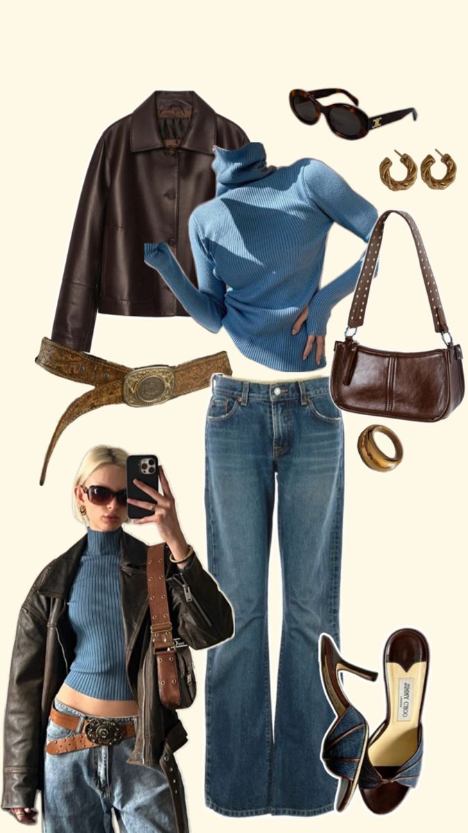 cool jeans jackets brown leather heels winter look cute pretty Brown Leather Jacket Outfit, Heels Winter, Cool Jeans, Ootd Aesthetic, Relaxed Outfit, Brown Leather Heels, Leather Jacket Outfits, Jacket Outfit, Aesthetic Outfit