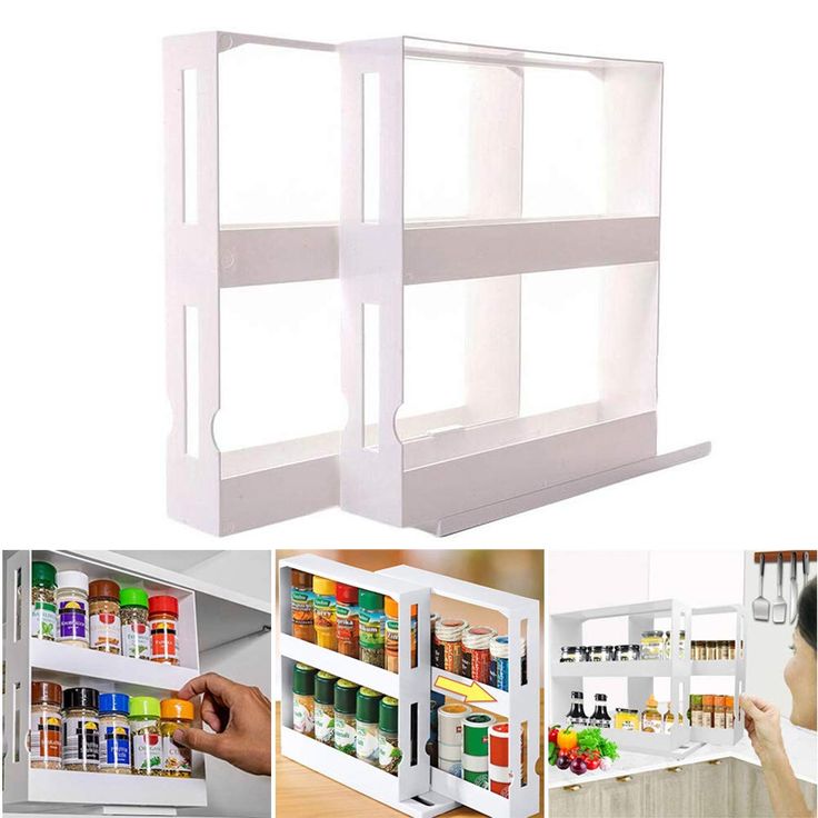 two shelves with spice and condiments in them, one is open to show the contents