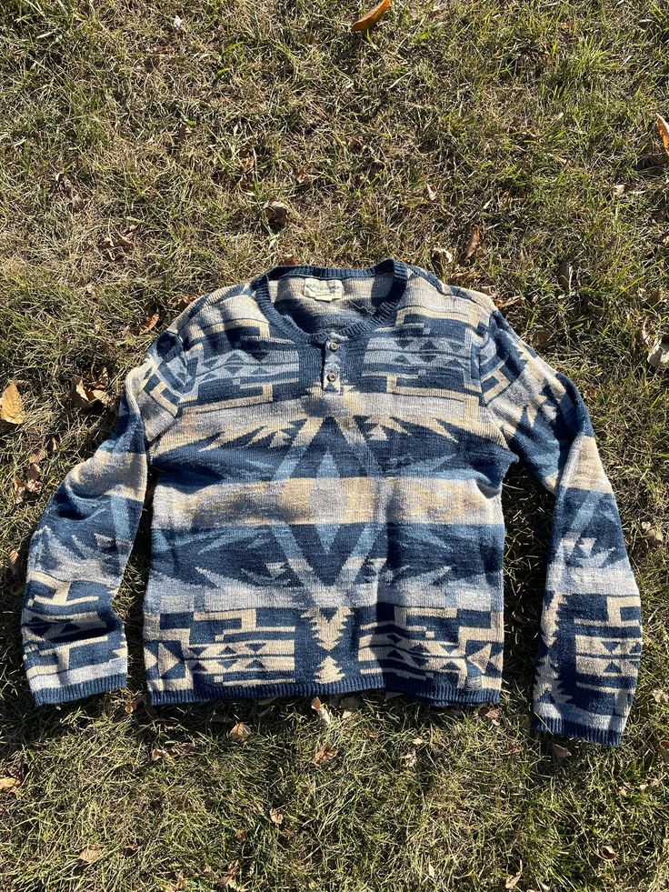 "Ralph Lauren Denim & Supply  - Aztec print style design  - Denim & Supply Co  - Light sweater long sleeve  - Boho style  - Airy light knit  - Double button up collar  Size: L  25\" pit to pit  28\" shoulder to waist  Great condition  No rips or holes  No stains" Casual Long Sleeve Printed Sweater, Casual Patterned Long Sleeve Tops, Denim Blue Long Sleeve Top For Winter, Casual Long Sleeve Patterned Sweater, Casual Patterned Tops For Fall, Jacquard Knit Relaxed Fit Long Sleeve Top, Casual Cotton Jacquard Knit Sweater, Light Wash Relaxed Fit Long Sleeve Tops, Light Wash Long Sleeve Relaxed Fit Tops