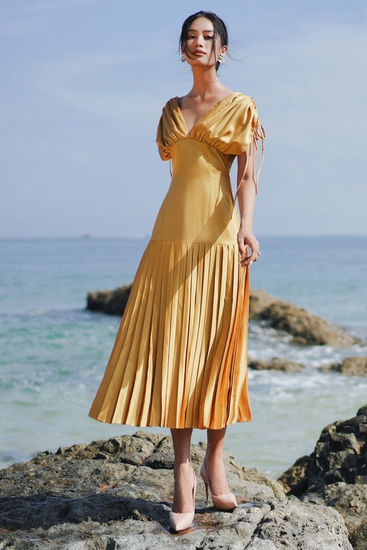 Maria Pleated Silk Dress – VAST Empire Waist Wedding Guest Dress, A-line Dress With Pleated Sleeves For Brunch, Summer Pre-draped Midi Dress With Fitted Bodice, Summer Midi Dress With Pleated Flutter Sleeves, Summer Midi Dress With Flutter Pleated Sleeves, Elegant Short Sleeve V-neck Dress For Brunch, Silk Pleated V-neck Maxi Dress, Fitted V-neck Pleated Dress With Pleated Sleeves, Silk Pleated Dress For Summer