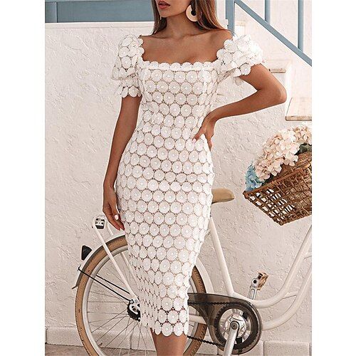 Season:Summer,Fall,Winter,Spring; Fabric:Lace,Polyester; Sleeve Length:Short Sleeve; Look After Me:Hand wash; Gender:Women's; Style:Party,Elegant; Elasticity:Micro-elastic; Occasion:Party,Gift; Fit Type:Regular Fit; Dresses Type:White Lace Wedding Dress; Pattern:Plain; Design:with Sleeve; Neckline:Square Neck; Front page:FF; Listing Date:12/29/2023; Production mode:External procurement; Bust:; Length:; Sleeve:; Waist:; Fit US Size:; Fit UK Size:; Fit EU Size:; Dress Length Type:Midi Dress; Print Sequin Dress Party, Mid Skirt, Princess Sleeves, Body Con Dress, Midi Dress Party, Midi Short Sleeve Dress, Mua Sắm, Lace Fashion, Lace Midi Dress