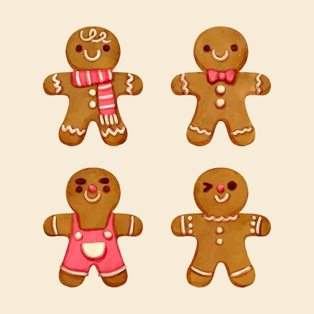 four ginger cookies with different designs on them