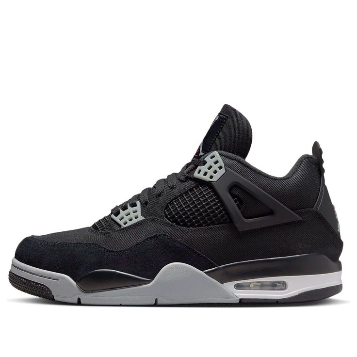 The Air Jordan 4 Retro SE Black Canvas is here to provide a classic twist to your sneaker collection. Featuring a black canvas upper, this sophisticated mid-top sneaker elevates any style instantly with its showstopping design. Accents of gray tonal suede cover the eyelets and forefoot overlays, creating an eye-catching contrast and adding textural interest to the silhouette. The Jumpman logo graces the heel while a crimson Flight logo highlights the woven tongue tag. To complete the look, a two-tone polyurethane midsole with visible Air cushioning in the heel offers maximum durability and comfort for all day wearability. Get ready for heads turning your way each time you wear Out Jordan 4 Retro SE Black Canvas sneakers! Xmas Shoes, Flight Logo, Jordan 4 Black, Jordan 4’s, Nike Air Jordan 4, Retro Basketball Shoes, Jordan 4s, Jumpman Logo, Mid Top Sneakers