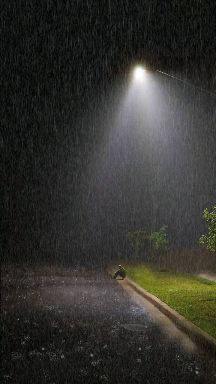 a person sitting under an umbrella in the rain at night with a street light above them