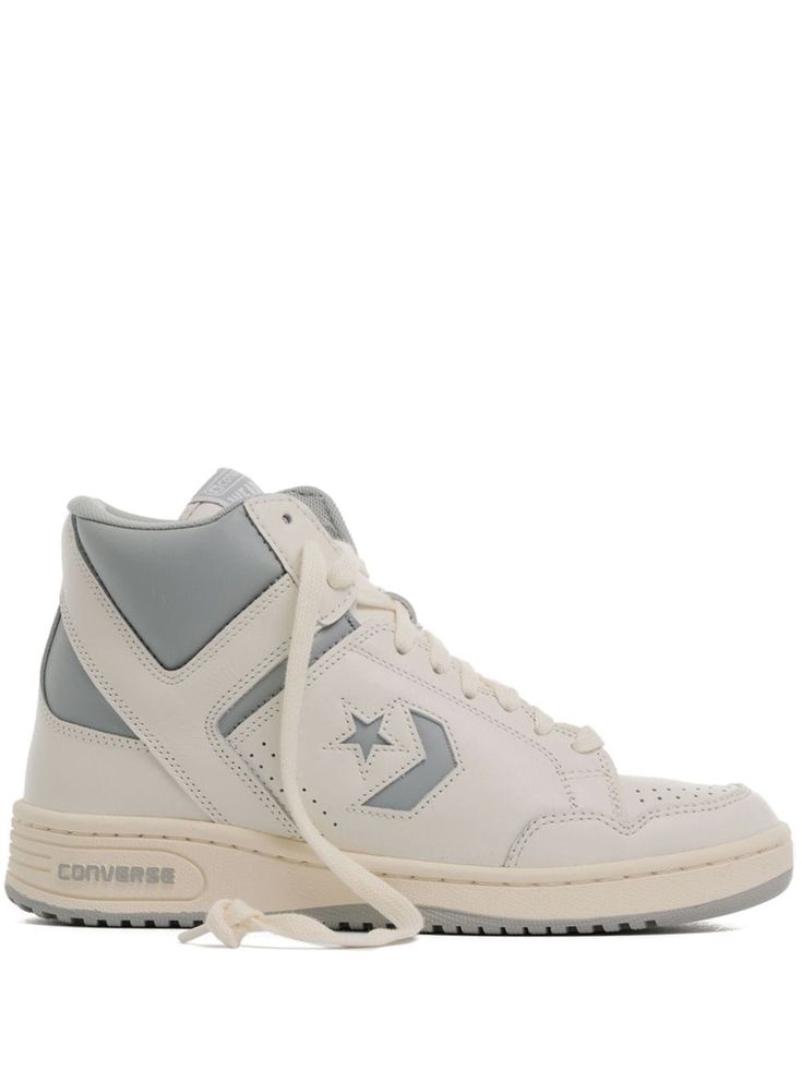 cream white/light grey leather star patch detail contrasting panel detail round toe front lace-up fastening logo patch at the tongue branded insole rubber sole Grey Leather, Cream White, Leather Sneakers, White Light, Patch Logo, Rubber Sole, Light Grey, Converse, Shoes Sneakers