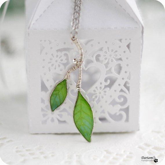 Necklace - Spring green leaves Elegant Green Leaf-shaped Jewelry, Nature-inspired Green Jade Necklaces, Handmade Delicate Green Jewelry, Delicate Handmade Green Jewelry, Delicate Green Jewelry For Gifts, Delicate Green Necklace For Gift, Green Jade Necklace With Lobster Clasp, Green Wire Wrapped Dangle Necklaces, Green Jade Necklaces With Lobster Clasp