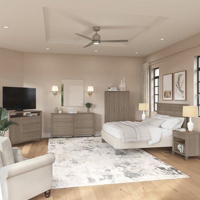 a large bedroom with white furniture and wood flooring is shown in this artist's rendering