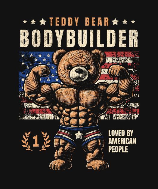 a teddy bear with an american flag on it's chest and the words bodybuilding written