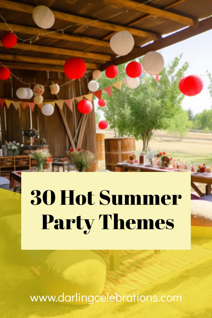 an outdoor party with paper lanterns hanging from the ceiling