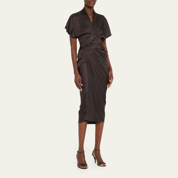 Rick Owens gathered satin dress V neckline Short flutter sleeves Hem hits around the knee Wrap silhouette Back pre-tied closure Viscose/acetate Made in Italy Satin Ruched V-neck Midi Dress, Satin V-neck Midi Dress With Draped Sleeves, Silk Midi Dress With Surplice Neckline For Formal Occasions, Formal Silk Midi Dress With Surplice Neckline, Silk Midi Dress With Gathered Sleeves And V-neck, Formal Midi Dress With Draped Sleeves And Surplice Neckline, Silk Midi Dress With V-neck And Gathered Sleeves, Knee-length Silk Midi Dress With Gathered Sleeves, Silk V-neck Midi Dress With Gathered Sleeves