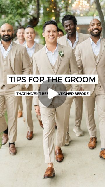 a group of men in tan suits walking down a sidewalk with the words tips for the groom that haven't been noticed before