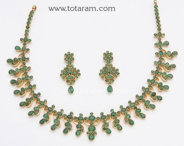 Emeralds Necklace & Earrings Set in 22 Karat Gold.
  Gross Gold Weight of Necklace Set: 43.000 grams
  Total Weight of Emeralds: 30.0 Carats
  
    Note: We can make this same design with Rubies, Blue Sapphire 
  or in any other colored stone of your choice for the same price. - 235-GS493 - in 43.000 Grams for USD $3979.99. 
Made in India by Totaram Jewelers Online this product is in Gold - 22 Karat BIS Hallmark 916 KDM Gold  & is an excellent gift for Adult - Women. Ships fully insur Pachala Haram Designs, Emerald Necklace Indian, Emeralds Necklace, Lakshmi Haram, 22 Karat Gold Jewelry, Antique Necklace Gold, Gold Kada, Indian Gold Jewelry, Bridal Jewelry Necklace