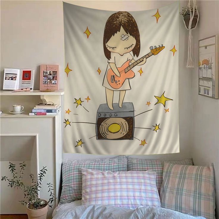 a bedroom with a bed and a wall hanging on the wall, featuring a girl playing an electric guitar