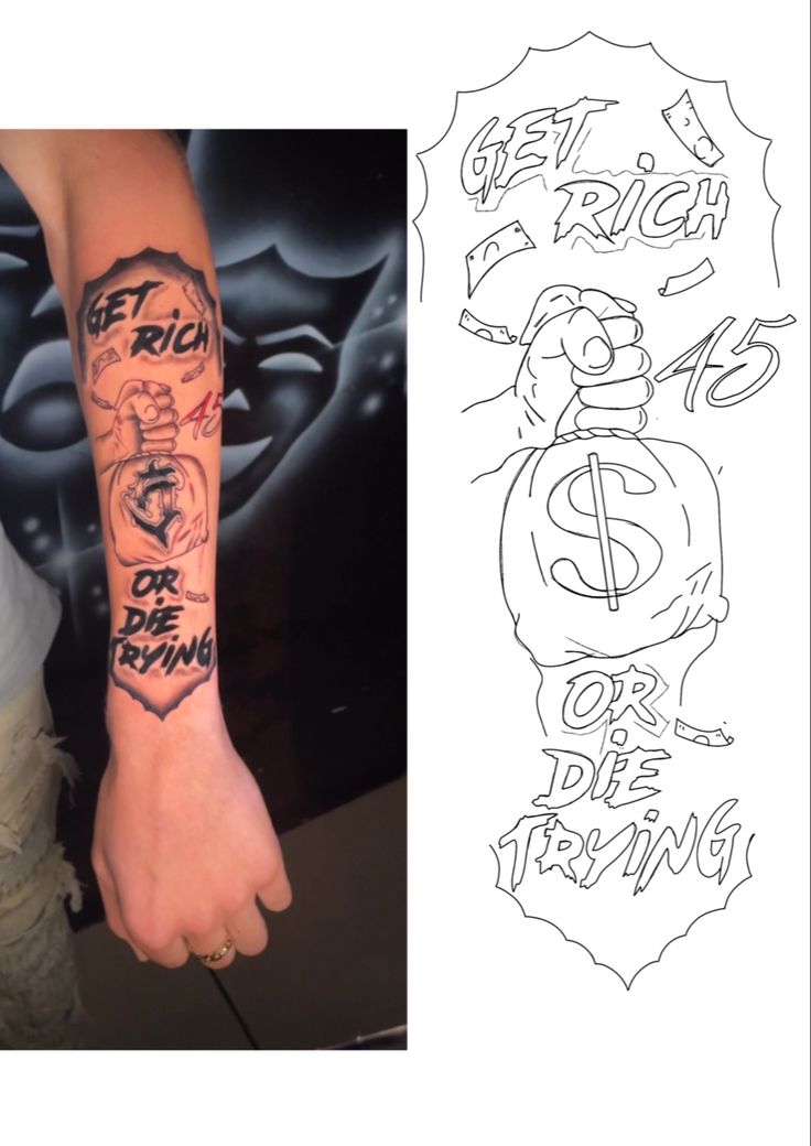 a person's arm with tattoos and the words get rich or die wrong on it