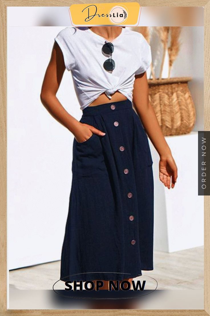 Women's Casual Solid Button Front High Waist A Line Midi Skirt Casual Maxi Skirt With Button Closure For Summer, Spring Maxi Skirt With Buttons For Day Out, High-waisted Buttoned Maxi Skirt For Summer, High Waist Buttoned Maxi Skirt For Summer, High-waist Maxi Skirt With Buttons For Summer, Casual High Waist Button Skirt, Casual High-waist Skirt With Buttons, Casual High Waist Skirt With Buttons, Casual Skirt With Button Cuffs For Spring