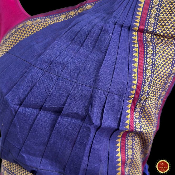 Design by Classical Dance Jewelry® ❥ A collection of colorful and elegant dance sarees in cotton fabric with minimalistic patterns for all the ladies who are ardent fans of our traditional dance. ❥ These sarees are also known as Kalakshethra sarees. ❥ Dance practice sarees have different measurements than the usual sarees and can't be used as a party wear or casual wear. ❥ It is made of pure cotton saree with plain contrast color borders.These practice sarees worn over pajamas / pants and a chol Blue Cotton Silk Pre-draped Saree For Diwali, Traditional Purple Cotton Silk Pre-draped Saree, Blue Cotton Silk Saree Set, Festive Cotton Pre-draped Saree With Zari Weaving, Cotton Pre-draped Saree For Puja During Navratri, Blue Cotton Saree For Diwali, Transitional Blue Pre-draped Saree With Unstitched Blouse, Blue Cotton Silk Pre-draped Saree With Zari Weaving, Bollywood Style Cotton Pre-draped Saree For Puja