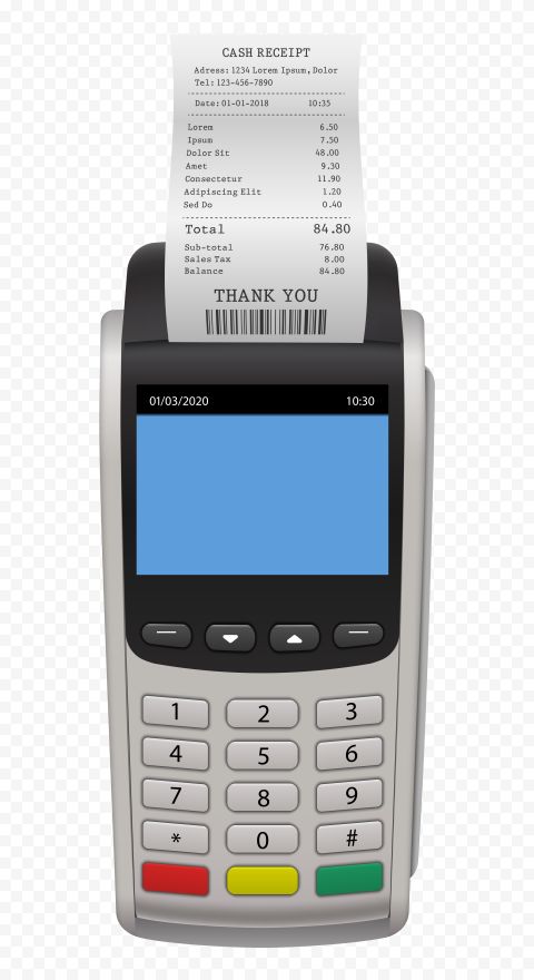 a silver cell phone with a receipt on the screen and a barcode reader attached to it