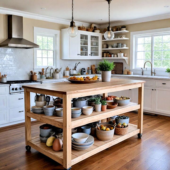 a kitchen island with pots and pans on it in the middle of a wooden floor