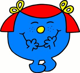 a blue cartoon character with two yellow bows on his head and one red hat over his head