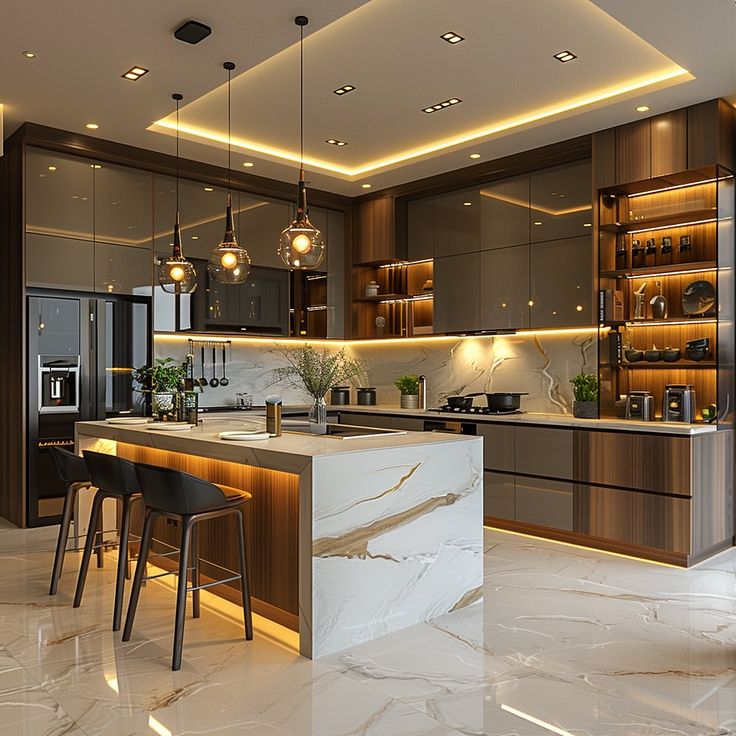 a modern kitchen with marble counter tops and bar stools in the center, lighted by recessed lighting