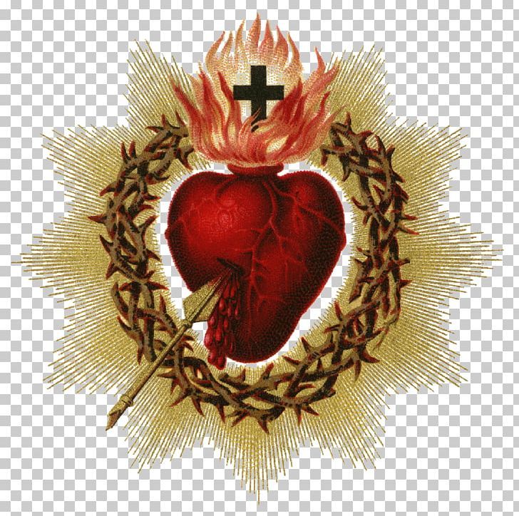 a heart with flames in the middle and a cross above it, on top of a wreath