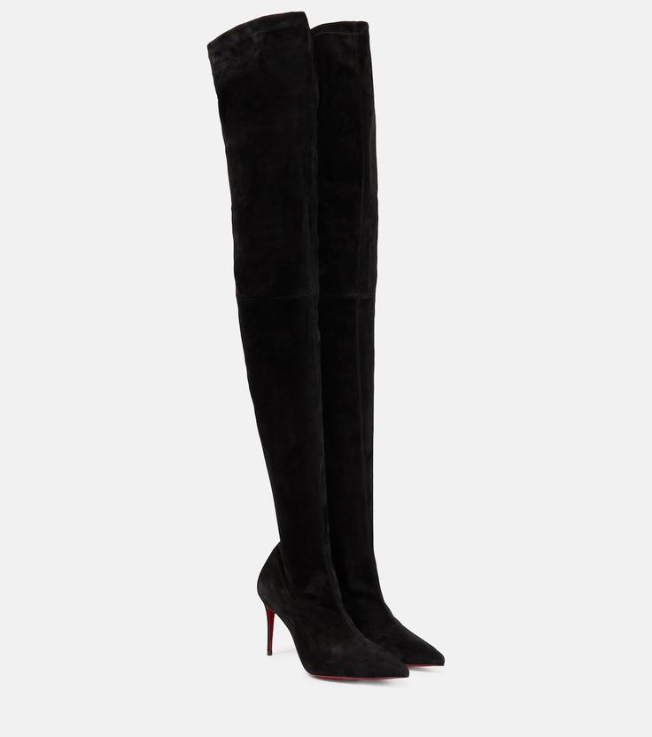 Kate Botta 85 Suede Over The Knee Boots in Black - Christian Louboutin | Mytheresa Suede Over-the-knee Boots For Party, Luxury Suede Knee-high Heeled Boots, Luxury Over-the-knee Boots For Evening, Luxury Over-the-knee Evening Boots, Black Suede Luxury Knee-high Boots, Luxury Black Suede Knee-high Boots, Luxury Suede Knee-high Boots With Pointed Toe, Sleek Suede Boots, Sleek Fitted Suede Boots