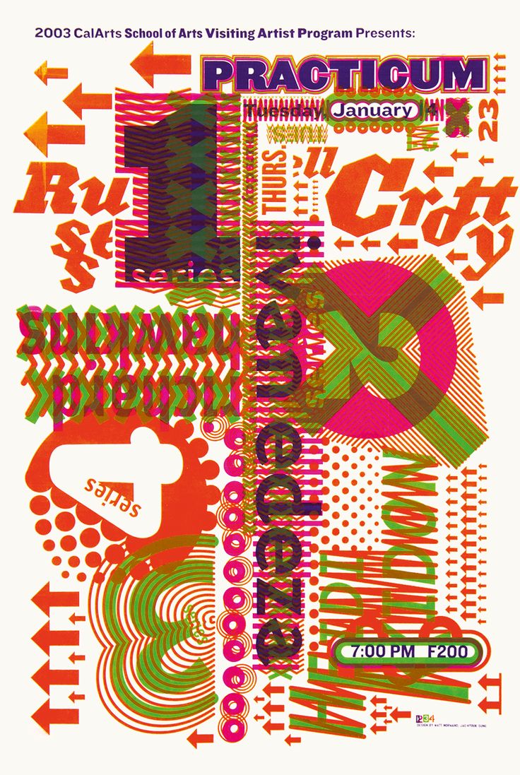 the poster for an art exhibition is shown in red, green and orange colors on white