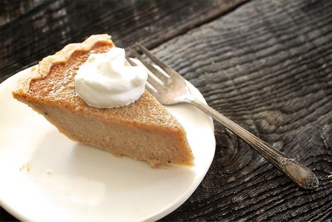 a piece of pie on a white plate with a fork