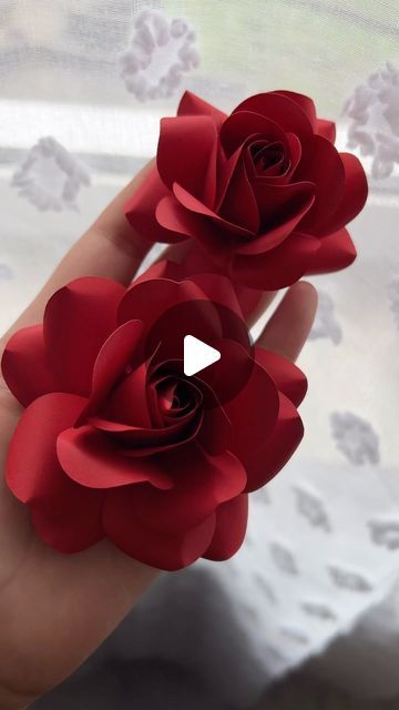 two red paper flowers are held in someone's hand